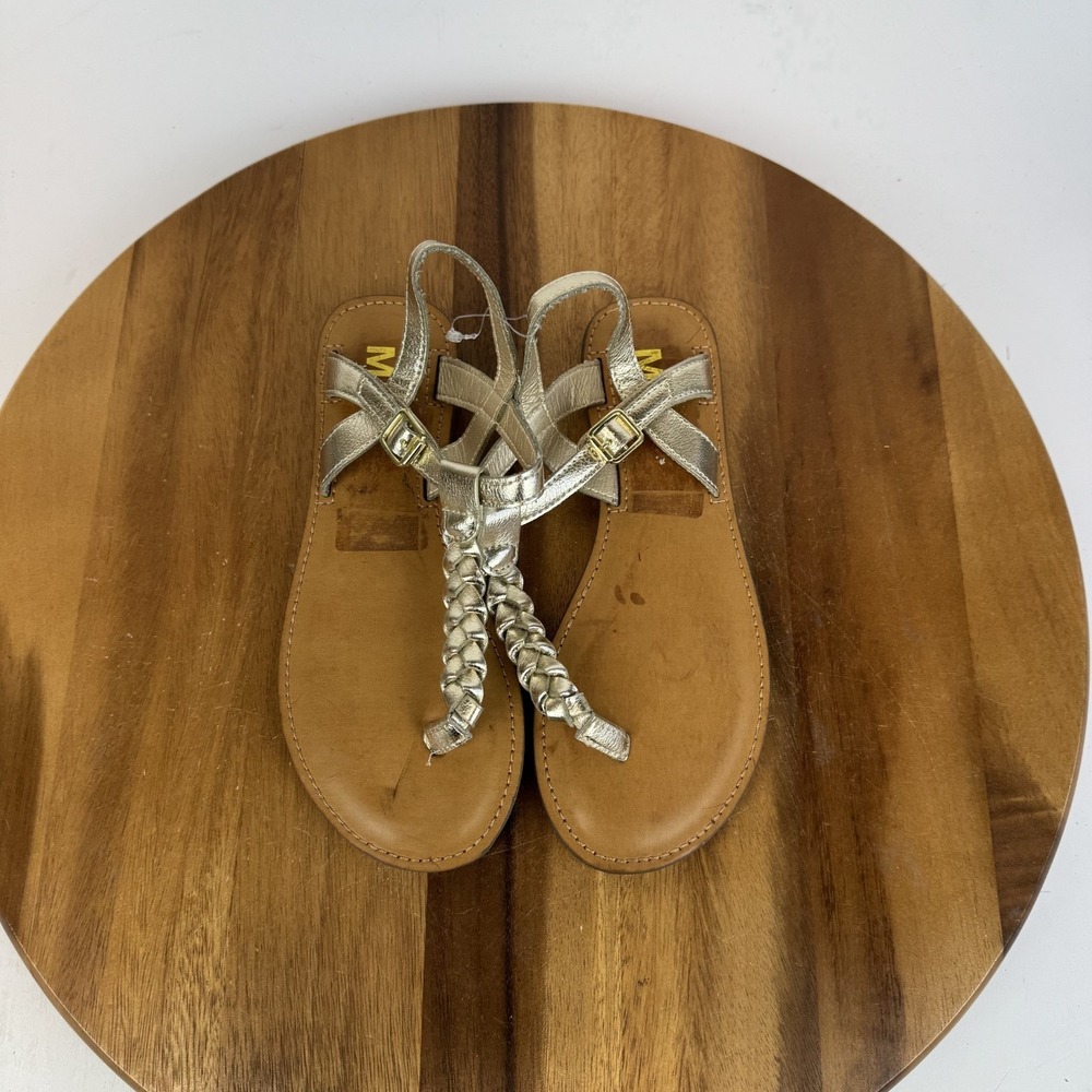 New Big Kids Girls Mia Annae Gold Faux Leather Braided T-Strap Sandals Size 4 Y